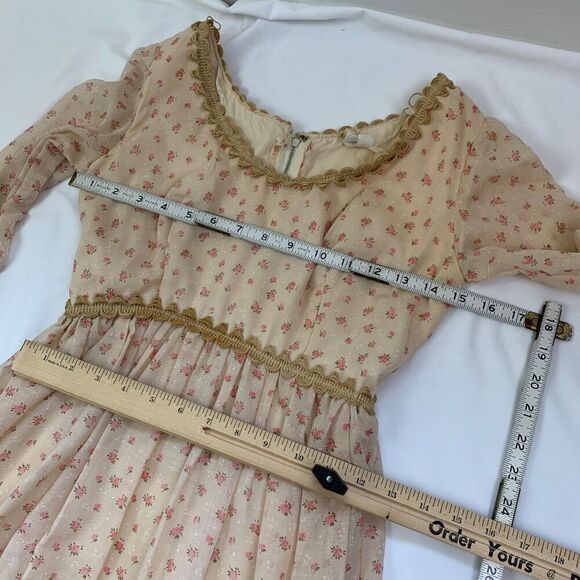Vtg Floral Maxi Dress Ivory XS Long Sleeve Tiered Prairie Peasant Cottage 70s - Picture 13 of 16